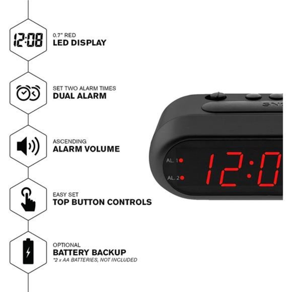 Digital Alarm Clock Black Case Red LEDs Ascending Alarm Grows Increasing Louder - Picture 6 of 6
